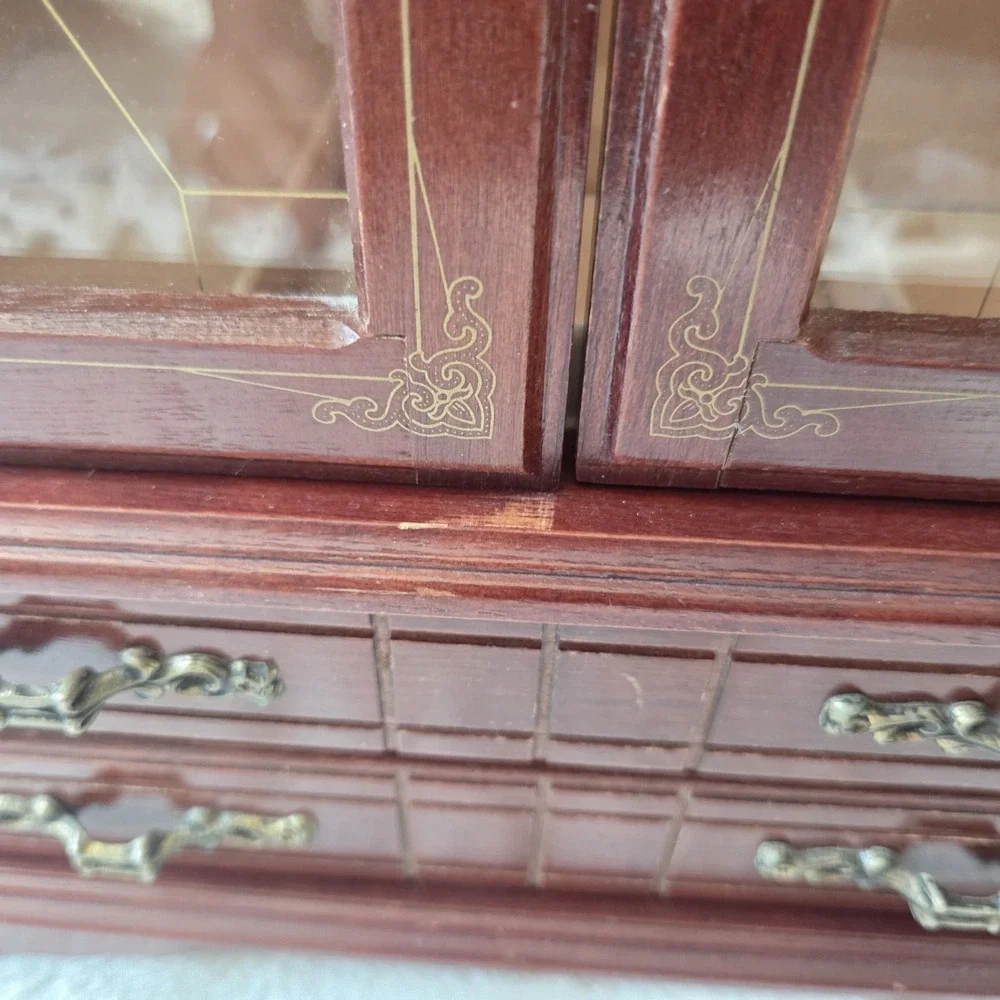 Vintage Jewelry Box Wood Glass Doors Finish 16